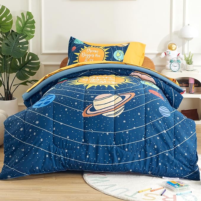 SLEEP ZONE Kids 7-Piece Soft Lightweight Bed in a Bag for Boys, Include Comforter, Flat Sheet, Fitted Sheet, Pillow sham, Pillowcase, Down Alternative Comforter Set(Solar System, Full/Queen) - LeafyLoom