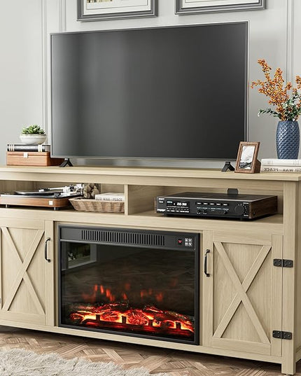 YESHOMY Fireplace TV Stand for Television up to 65+ Inch with Storage and Farmhouse Barn Doors, Entertainment Center with Cabinet and Shelves, Media Console for Living Room, Oak - LeafyLoom