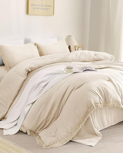 Litanika Beige Queen Comforter Set, 3 Pieces Cream Boho Tassel Lightweight Bed Comforter Queen,All Season Soft Solid Color Bedding Comforter Sets Ivory (1 Comforter 90x90 Inch, 2 Pillowcases) - LeafyLoom