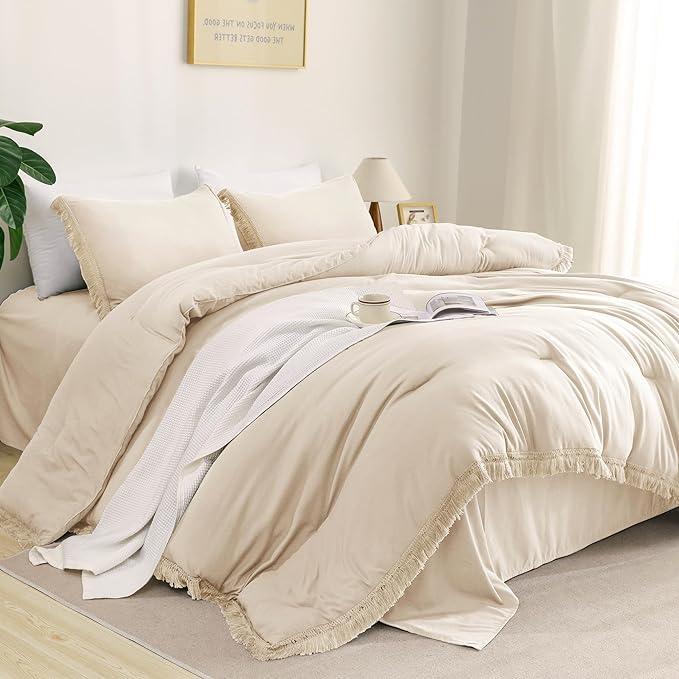 Litanika Beige Queen Comforter Set, 3 Pieces Cream Boho Tassel Lightweight Bed Comforter Queen,All Season Soft Solid Color Bedding Comforter Sets Ivory (1 Comforter 90x90 Inch, 2 Pillowcases) - LeafyLoom