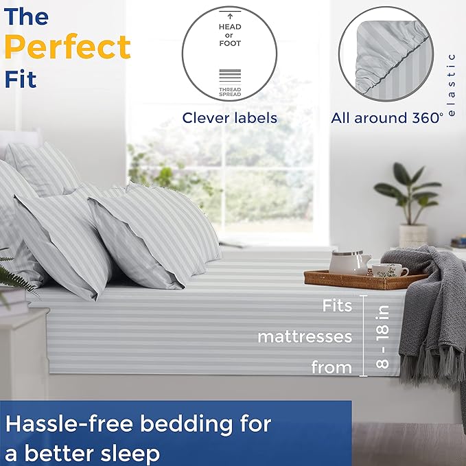 THREAD SPREAD Luxury Egyptian Cotton California King Stripe Sheet Set, 600 Thread Count Extra Long Staple 4 PC Set, Cal King Stripe Sheets, Soft, Cooling Striped Sheets Upto 18" Deep Pocket - Silver - LeafyLoom