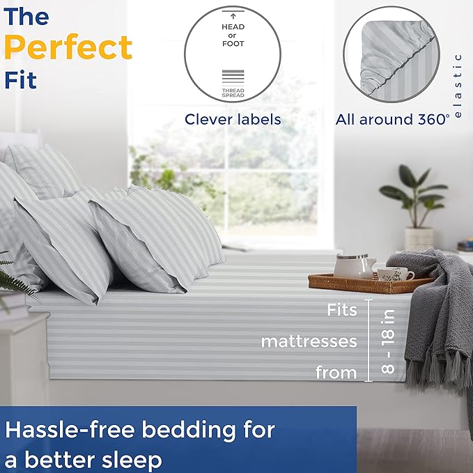 THREAD SPREAD Luxury Egyptian Cotton Twin Stripe Sheet Set - 600 Thread Count Extra Long Staple 3 PC Set, Twin Damask Sheets, Soft, Cooling Sateen Weave Striped Sheets Upto 18" Deep Pocket - Silver - LeafyLoom