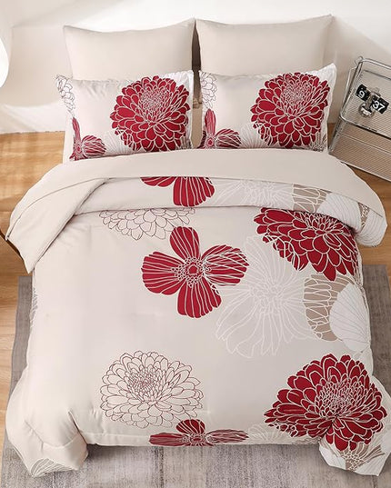 Yiran 7 Pieces Queen Comforter Set Red Floral Bed in a Bag Soft Microfiber Bedding Set 90"×90"(1 Comforter 1 Flat Sheet 1 Fitted Sheet 2 Pillowshams 2 Pillowcases) - LeafyLoom