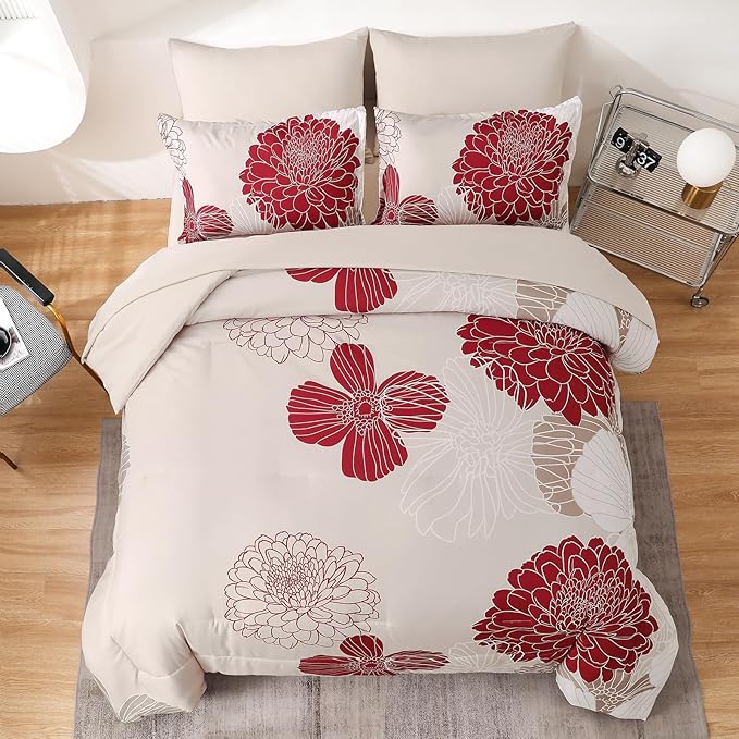 Yiran 7 Pieces Queen Comforter Set Red Floral Bed in a Bag Soft Microfiber Bedding Set 90"×90"(1 Comforter 1 Flat Sheet 1 Fitted Sheet 2 Pillowshams 2 Pillowcases) - LeafyLoom