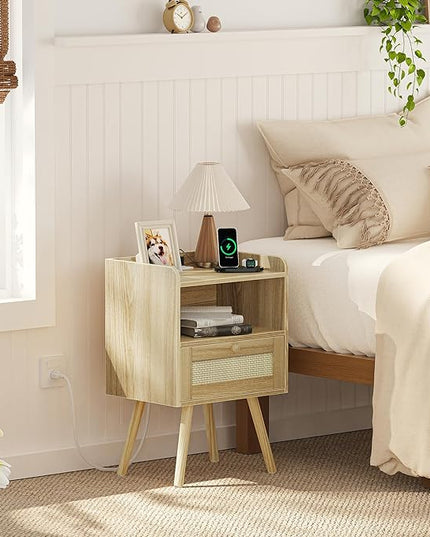 SUPERJARE Nightstand with Charging Station & Rattan-Like Decor Drawer, Rattan End Table with Solid Wood Feet, Bed Side Table with Open Storage, for Bedroom, Living Room, Dormitory - Natural - LeafyLoom