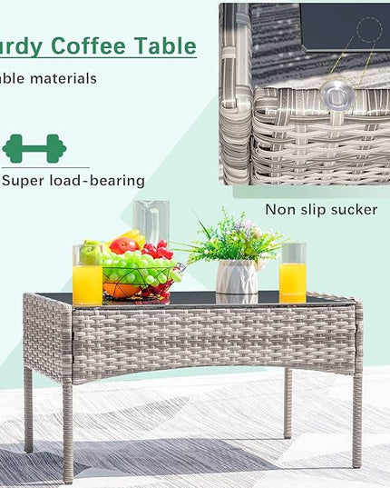 Greesum Patio Furniture 4 Pieces Conversation Sets Outdoor Wickerr Rattan Chairs Garden Backyard Balcony Porch Poolside loveseat with Soft Cushion and Glass Table, Gray and Beige - LeafyLoom