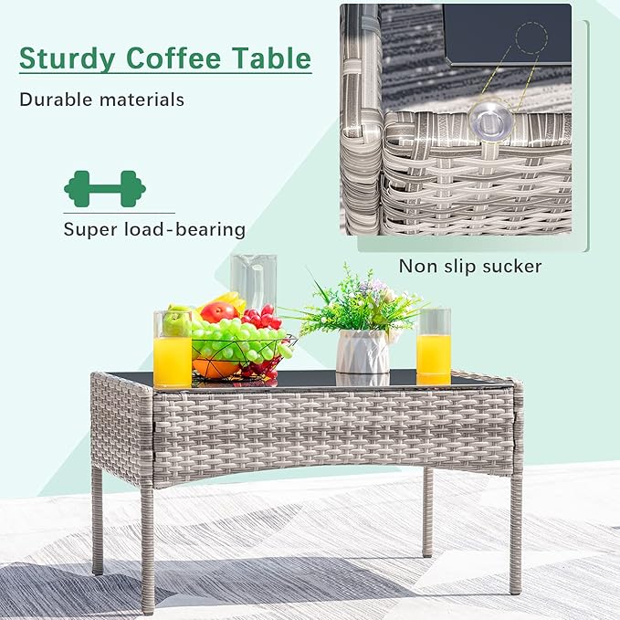 Greesum Patio Furniture 4 Pieces Conversation Sets Outdoor Wickerr Rattan Chairs Garden Backyard Balcony Porch Poolside loveseat with Soft Cushion and Glass Table, Gray and Beige - LeafyLoom