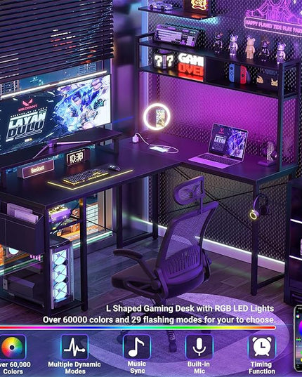 Small L Shaped Desk Gaming Desk with Power Outlets, 48" Reversible L Shaped LED Computer Desk with Monitor Stand & Storage Shelf, Corner Gamer Desk Home Office Desk with Storage Bag, Black - LeafyLoom