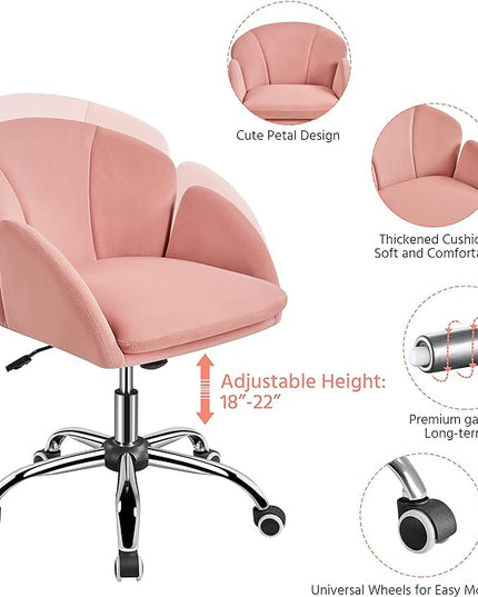 Yaheetech Cute Velvet Desk Chair for Home Office, Makeup Vanity Chair with Armrests for Bedroom Modern Swivel Rolling Chair for Women Pink - LeafyLoom
