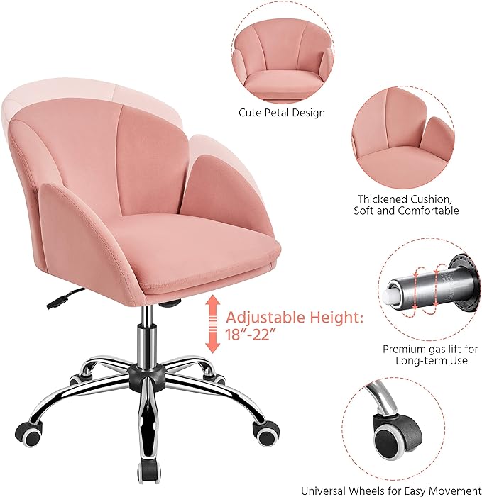 Yaheetech Cute Velvet Desk Chair for Home Office, Makeup Vanity Chair with Armrests for Bedroom Modern Swivel Rolling Chair for Women Pink - LeafyLoom
