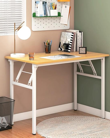 Need Folding Desk for Home Office 39-3/8 inch Length Modern Folding Table Computer Desk No Install Needed Teak Color Desktop White Frame AC5BW(100 * 60) - LeafyLoom