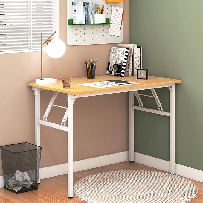 Need Folding Desk for Home Office 39-3/8 inch Length Modern Folding Table Computer Desk No Install Needed Teak Color Desktop White Frame AC5BW(100 * 60) - LeafyLoom