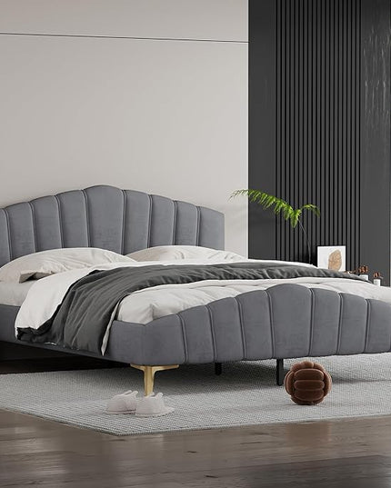RITSU Queen Size Velvet Platform Bed with Thick Fabric, Solid Wood Bedframe Stylish Stripe Decorated Bedboard and Golden Metal Beds Leg, for BedRoom, Children's bedroom, Gray - LeafyLoom
