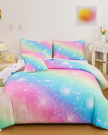 6 Pcs Bed in A Bag Glitter Galaxy Comforter Set Twin Size, Ombre Pink Rainbow Bedding Sets with Sheets for Girls - LeafyLoom