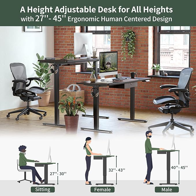 FEZIBO 63 x 24 Inches Standing Desk with Drawer, Adjustable Height Electric Stand up Desk with Storage, Sit Stand Home Office Desk, Ergonomic Computer Desk, Black - LeafyLoom