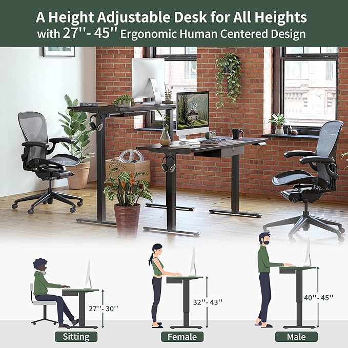 FEZIBO 55x 24 Inches Standing Desk with Drawer, Adjustable Height Electric Stand up Desk with Storage, Sit Stand Home Office Desk, Ergonomic Computer Desk, Black - LeafyLoom
