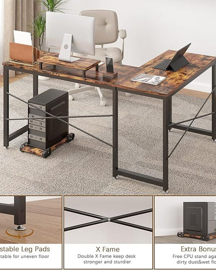 Computer Desk, L Shaped Desk with Large Desktop, Corner Desk with Monitor Stand PC Laptop Table Computer Workstation for Home Office (Rustic Brown) - LeafyLoom