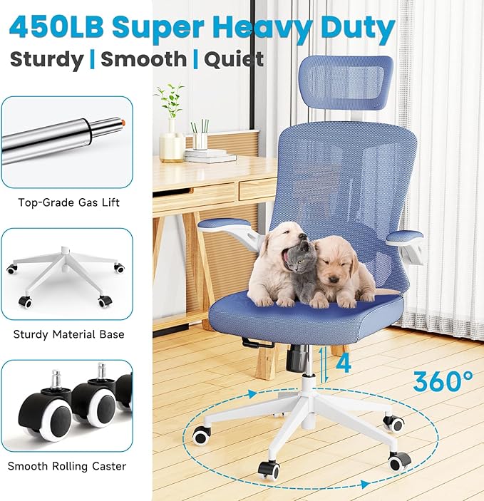 Ergonomic Office Chair - Comfy Desk Chairs with Wheels and Arms, 500LB Heavy Duty Mesh Computer Chairs with Comfortable Head Lumbar Back Support for Office, Bedroom, College Dorm and Study - LeafyLoom