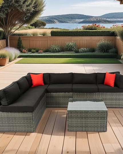 5-Pieces Patio Furniture Set with Coffee Table and 2 Pillows, PE Rattan Outdoor Conversation Sectional Sofa Seating Goup for Balcony Front Porch Backyard Law, Grey Wicker+Black Cushion - LeafyLoom