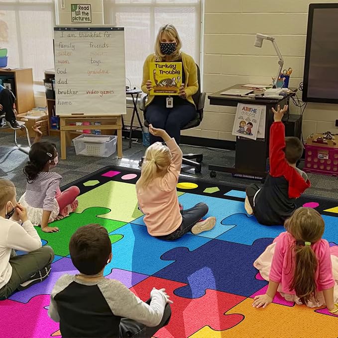Booooom Jackson Large Classroom Rug Colorful Puzzle Classroom Carpet 7'5"x13'Classroom Rug with Non-Slip Backing School Preschool Rug Classroom Elementary Classroom Rug(Pz10C-4023) - LeafyLoom