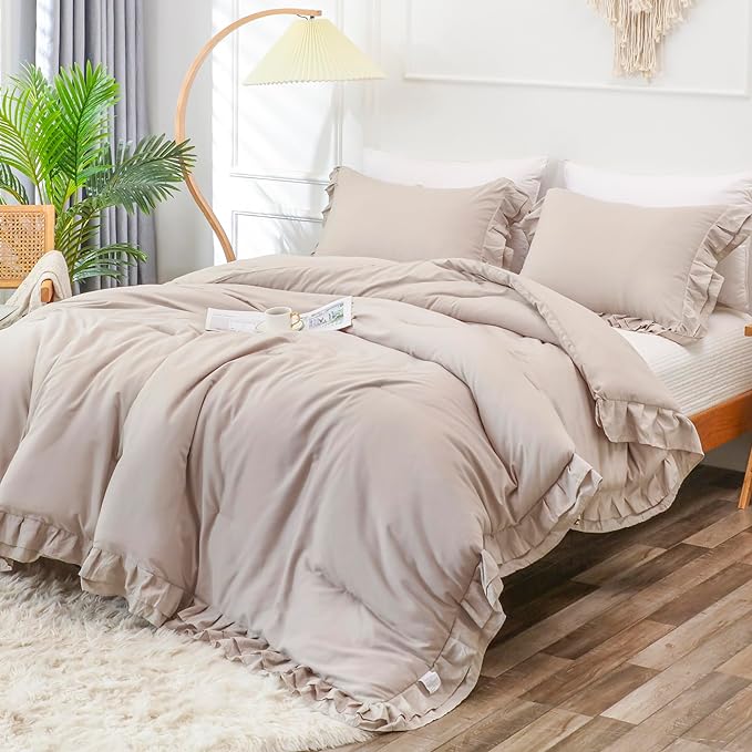 Wheat Double Ruffle Comforter Set Queen Size (90x90 Inch), 3 Pcs Farmhouse Vintage Comforter Set (1 Ruffled Comforter and 2 Pillowcase), Rustic All Season Down Alternative Bedding Set - LeafyLoom