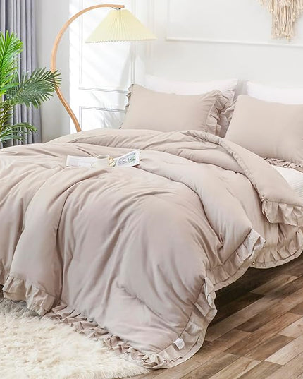 Wheat Double Ruffle Comforter Set Full Size (79x90 Inch), 3 Pcs Farmhouse Vintage Comforter Set (1 Ruffled Comforter and 2 Pillowcase), Rustic All Season Down Alternative Bedding Set - LeafyLoom