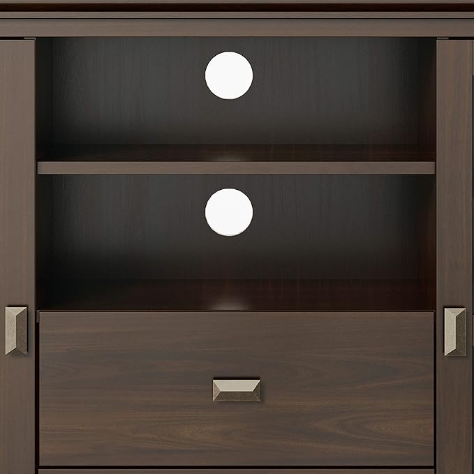 SIMPLIHOME Artisan SOLID WOOD Universal TV Media Stand, 53 inch Wide, Transitional, Living Room Entertainment Center, Storage Shelves and Cabinets, for Flat Screen TVs up to 60 inches in Tobacco Brown - LeafyLoom