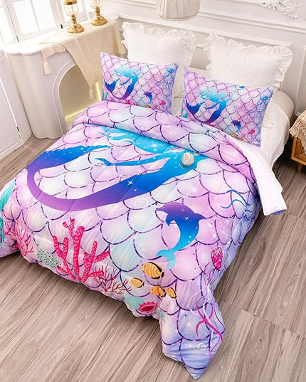 CVHOUSE Mermaid Comforter Set,Rainbow Mermaid Bedding Set for Girls Kids Teens,Rainbow Mermaid Comforter Mermaid Duvet Set Room Decor Quilt Set Full Size - LeafyLoom