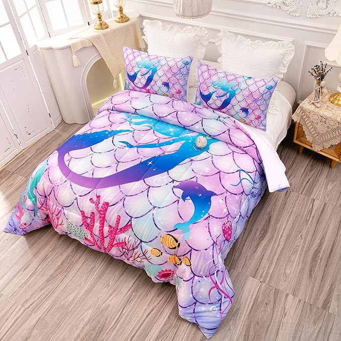 CVHOUSE Mermaid Comforter Set,Rainbow Mermaid Bedding Set for Girls Kids Teens,Rainbow Mermaid Comforter Mermaid Duvet Set Room Decor Quilt Set Full Size - LeafyLoom