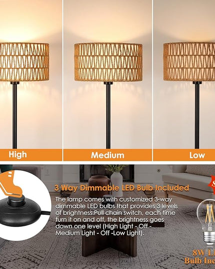 Rattan Floor Lamps for Living Room, Rattan Boho Floor Lamp, Black Metal Floor Lamp with LED Bulb, Rattan Fabric Double Shades, Farmhouse Rustic Floor Lamp, Standing Lamp for Living Room Bedroom Office - LeafyLoom