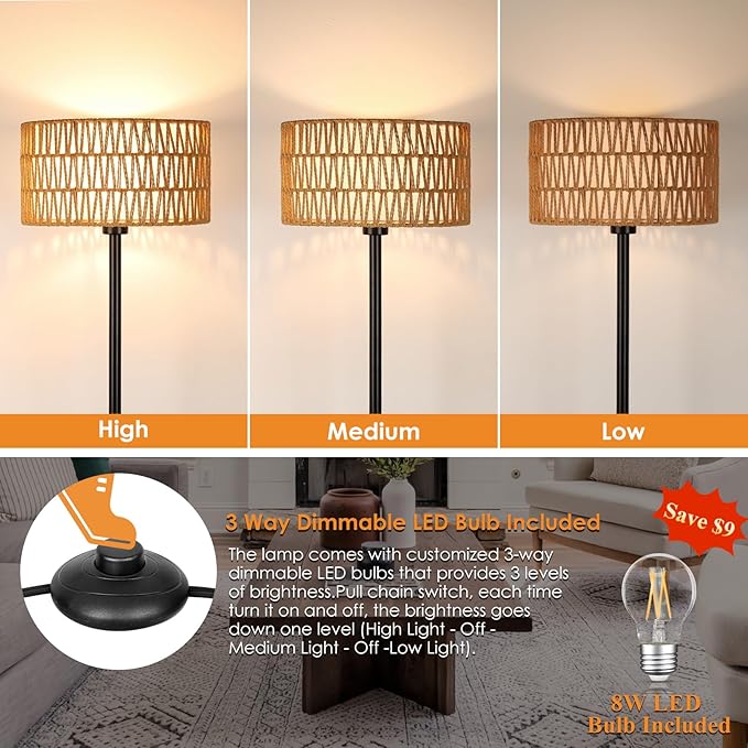 Rattan Floor Lamps for Living Room, Rattan Boho Floor Lamp, Black Metal Floor Lamp with LED Bulb, Rattan Fabric Double Shades, Farmhouse Rustic Floor Lamp, Standing Lamp for Living Room Bedroom Office - LeafyLoom