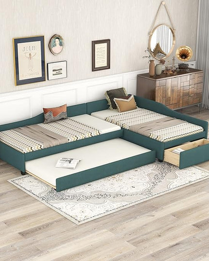 L-Shaped Upholstered Twin Size Daybed with Storage Drawer and Trundle, Twin Size Double Platform Beds Corner Bed Daybed for Kids, Green - LeafyLoom