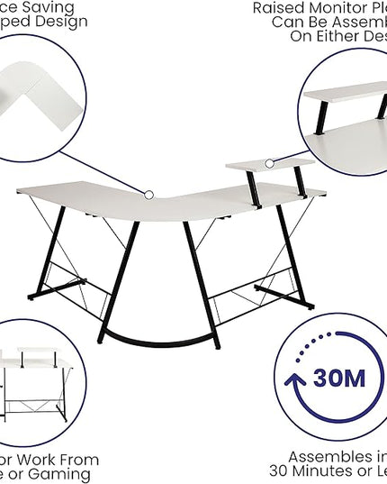 Flash Furniture Ginny Corner Desk - White/Black Space Saving L-Shaped Gaming Desk with Monitor Shelf - 71.5" 2-Tier Computer Desk, Home Office Desk, Easy Assembly - LeafyLoom