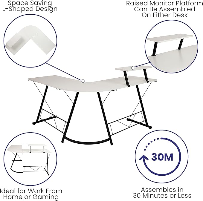 Flash Furniture Ginny Corner Desk - White/Black Space Saving L-Shaped Gaming Desk with Monitor Shelf - 71.5" 2-Tier Computer Desk, Home Office Desk, Easy Assembly - LeafyLoom