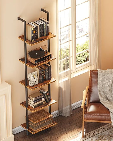 SUPERJARE 5-Tier Bookshelf, Narrow Book Shelf Set of 2, Open Wall-Mounted Ladder Shelf with Metal Frame, Display Bookcase for Home Office, Bedroom, Rustic Brown - LeafyLoom