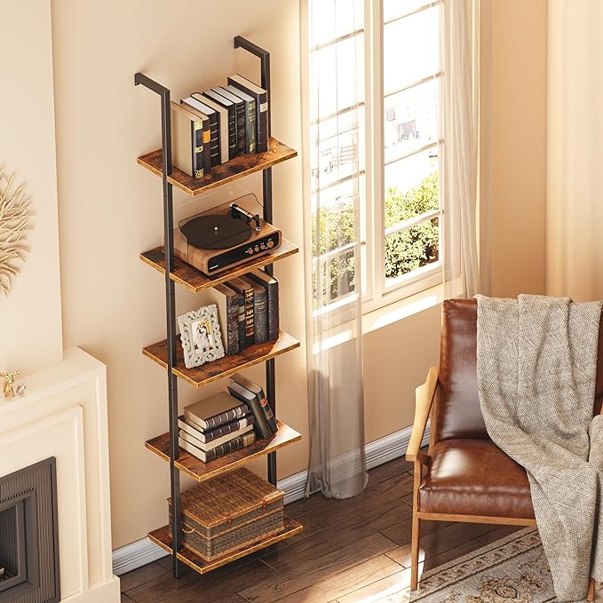 SUPERJARE 5-Tier Bookshelf, Narrow Book Shelf Set of 2, Open Wall-Mounted Ladder Shelf with Metal Frame, Display Bookcase for Home Office, Bedroom, Rustic Brown - LeafyLoom