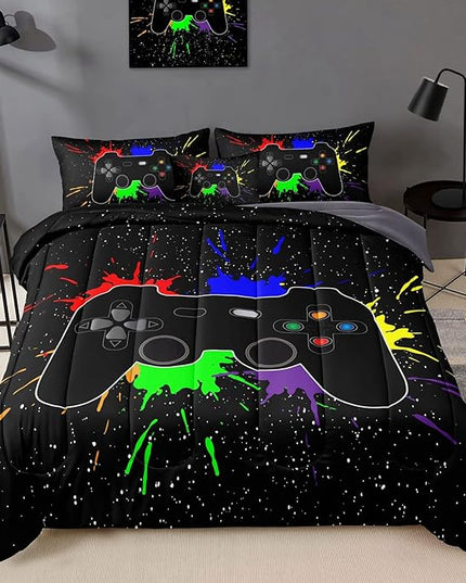 Boys Bed in a Bag Game Comforter Sets Queen Size,Video Game Controller Comforter for Boys Kids Adult 3D Gamepad Microfiber bed Set 6 Pieces Gaming bedding set 3001,Queen - LeafyLoom