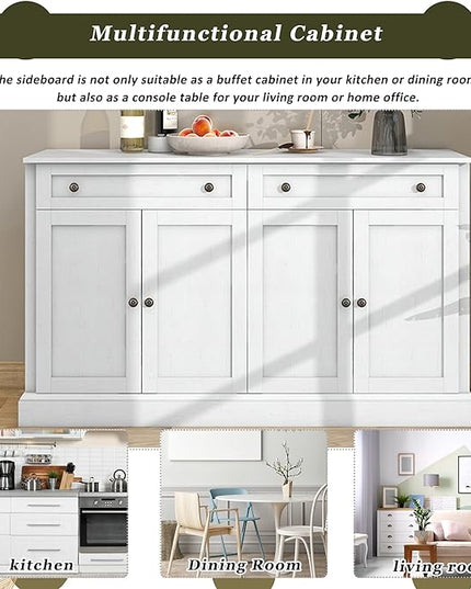 60" Sideboard Storage Buffet Cabinet with 2 Drawers,Wooden Console Table,W/ 4 Doors,Adjustable Shelves,Not Easy to Deform,for Dining Room/Kitchen/Entryway,Antique White - LeafyLoom