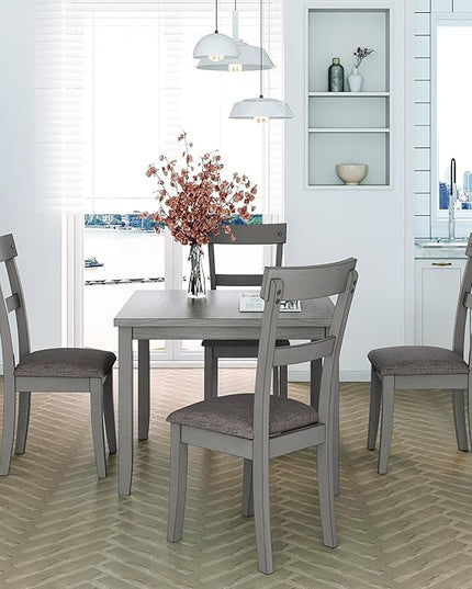 5 Piece Industrial Dining Set with Solid Wood Table and 4 High-density Foam Burlap Upholstered Cushions Chairs for Kitchen, Diningroom, Living Room, Easy to Assemble, Grey-1 - LeafyLoom