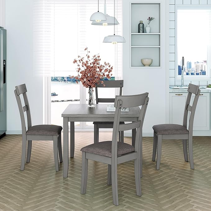 5 Piece Industrial Dining Set with Solid Wood Table and 4 High-density Foam Burlap Upholstered Cushions Chairs for Kitchen, Diningroom, Living Room, Easy to Assemble, Grey-1 - LeafyLoom