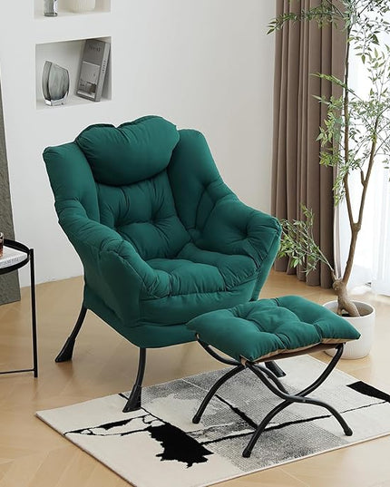 Lazy Chair with Ottoman, Modern Chair with Folding Footrest, Lounge Accent Chair, Comfortable Reading Chair (Peach Dark Green) - LeafyLoom