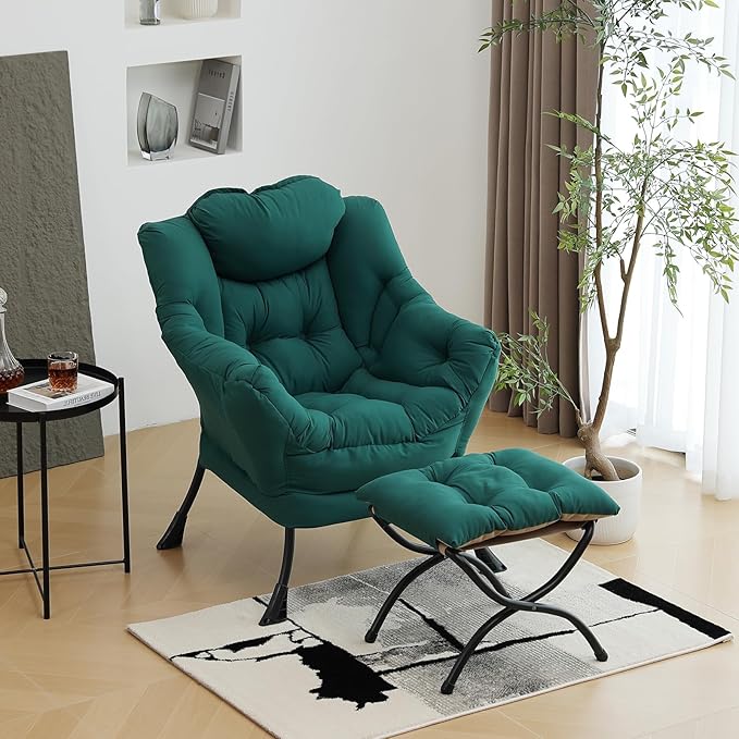 Lazy Chair with Ottoman, Modern Chair with Folding Footrest, Lounge Accent Chair, Comfortable Reading Chair (Peach Dark Green) - LeafyLoom