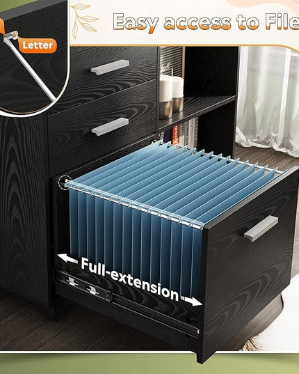 DEVAISE 3-Drawer Wood File Cabinet with Lock, Mobile Lateral Filing Cabinet, Black - LeafyLoom