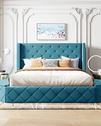 Velvet Upholstered Platform Bed Frame Queen Size with Wingback Headboard, Solid Wood Storage Bed with Spacious Drawer and Convenient Side Storage Stools, Elegant Design, Blue - LeafyLoom