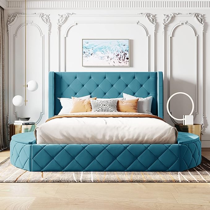 Velvet Upholstered Platform Bed Frame Queen Size with Wingback Headboard, Solid Wood Storage Bed with Spacious Drawer and Convenient Side Storage Stools, Elegant Design, Blue - LeafyLoom