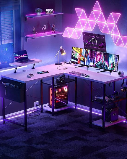 Aheaplus L Shaped Desk with Outlet and USB Charging Ports, L-Shaped Desk with Storage Shelves Reversible Corner Computer Desk 2 Person Long Table with Monitor Stand Gaming Home Office Desk, White - LeafyLoom