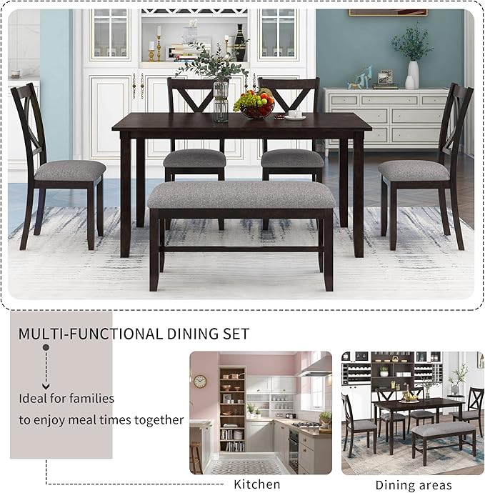 Wooden Rectangular, 4 Fabric Chairs, and Bench Family Furniture, for Playroom, Living Room, Home Bar, and Kitchen, 6 Piece Dining Table Set, Espresso 24 - LeafyLoom