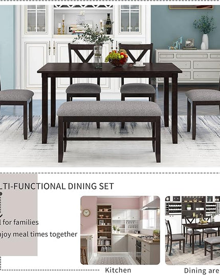Farmhouse 6-Piece Wood Rectangular Dining Table Set with Bench and 4 Upholstered Chairs for Kitchen, Breakfast Nook, Living Room, Espresso, 60" L x 36" W x 30" H - LeafyLoom