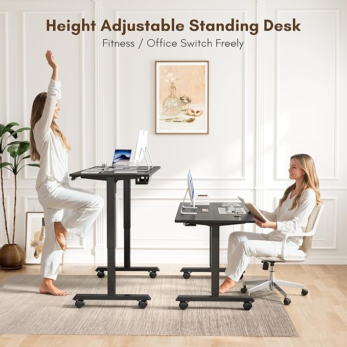 Electric Standing Desk 60 Inch, Ergonomic Height Adjustable Table with T-Shaped Metal Bracket Modern Computer Workstations for Home Office, Black, 60 x 24 Inch - LeafyLoom