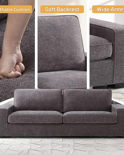 EASELAND Sofa Couch, 88" Chenille Loveseat for Living Room, 3 Seat Lounge Sofa for Bedroom with Removable Back and Seat Cushions, Modern Deep Comfy Couch with Solid Wood Legs and Armrest (Dark Grey) - LeafyLoom